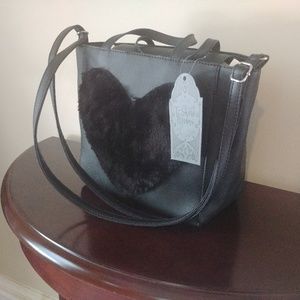 😸Black Leather Heart Purse | Faux Fur
